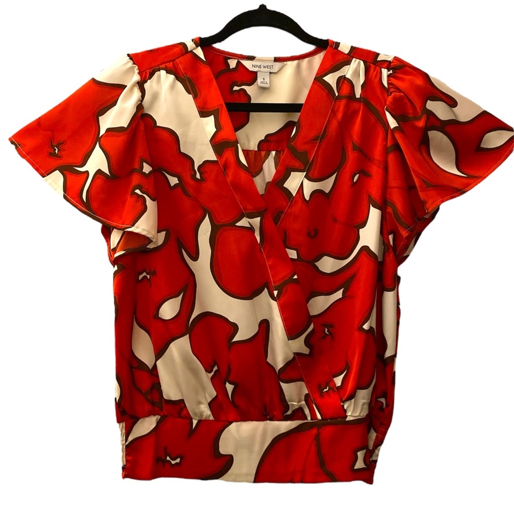 Vibrant Red and Cream Tropical Floral Blouse